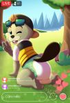  absurd_res animal_crossing anthro baltnwolf_(artist) beaver bodily_fluids butt c.j._(animal_crossing) chat clothed clothing diaper english_text fur genital_fluids gesture hair hi_res kneeling looking_at_viewer male mammal nintendo open_mouth peeing rodent solo teeth text urine v_sign video_games watersports wet_diaper wetting wetting_diaper 