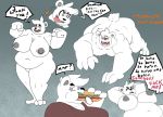  all_fours angry anthro belly big_belly big_breasts breasts dialogue ear_piercing ear_ring eating english_text fangs female food fur hair huge_breasts ironkongstudios mammal navel overweight overweight_anthro overweight_female piercing pink_eyes polar_bear sandwich_(food) solo sophie_(ironkongstudios) text thick_thighs tongue tongue_out ursid ursine white_body white_fur white_hair wide_hips 