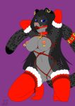  2018 anthro ball_gag bdsm bell blue_eyes bondage bound breasts breathable_gag christmas collar ear_piercing ear_ring felid female frogtied fur gag gagged genitals goliathcpg holidays jaguar legs_tied mammal multiple_piercings navel nipples pantherine piercing pink_nose purple_background pussy red_ball_gag red_collar rope rope_bondage rope_harness shackles simple_background solo spots spotted_body spotted_fur submissive submissive_anthro submissive_female tail_cuff 