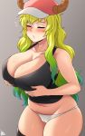  1girl artist_name bare_shoulders belly black_legwear blonde_hair blush breast_hold breasts cameltoe cleavage closed_eyes curvy dragon_horns flying_sweatdrops gradient_hair green_hair grey_background highres horns huge_breasts jmg kobayashi-san_chi_no_maidragon multicolored_hair navel plump quetzalcoatl_(maidragon) signature simple_background solo thick_thighs thighhighs thighs 