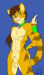  2017 anthro blue_background bound brown_hair collar collar_only felid feline genitals goliathcpg green_collar green_eyes green_rope hair hi_res male mammal nude penis pink_nose rope simple_background wrists_tied 