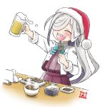  1girl :d alcohol asashimo_(kantai_collection) beer beer_mug blue_bow blue_neckwear blush bow bowl bowtie chopsticks closed_eyes cup doll dress ebifly foam food fur-trimmed_headwear grey_hair hair_over_one_eye hat holding holding_cup holding_food kantai_collection long_hair long_sleeves mug one_eye_covered open_clothes open_mouth open_shirt red_dress red_headwear santa_hat sharp_teeth shirt simple_background skewer smile solo steam teeth upper_teeth white_background white_shirt 