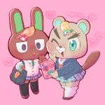  1:1 animal_crossing anthro beaver blonde_hair blush bottomwear c.j._(animal_crossing) cellphone clothed clothing crossdressing duo freckles hair hare lagomorph legwear leporid male mammal nintendo o&#039;hare_(animal_crossing) phone pigmyhippotam rodent school_uniform selfie skirt smartphone stockings uniform video_games 