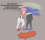  2girls :o absurdres black_nail_polish cute_dog_(sandcasks) dog english_text eyelashes highres lamp_(sandcasks) looking_at_another lying motion_blur multiple_girls on_stomach original pillow_(sandcasks) pink_hair pointing sandcasks shaking short_hair simple_background standing 