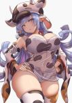  1girl animal_ears animal_print blue_hair breasts cow_hat cow_print earrings granblue_fantasy hands_on_hips highres horns jewelry large_breasts long_hair see-through_shirt shatola_(granblue_fantasy) thick_thighs thighhighs thighs wide_sleeves yasojima_nejiro 