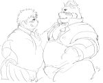  2020 anthro belly blush bodily_fluids bulge clothing duo exe_exem genital_fluids gouryou human kemono male male/male mammal monochrome overweight overweight_male precum simple_background sketch suid suina sus_(pig) tokyo_afterschool_summoners tongue tongue_out underwear video_games white_background wild_boar 