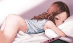  1girl ass bangs bare_shoulders bed_sheet blush bottomless breasts brown_eyes brown_hair closed_mouth controller game_controller handheld_game_console kuroshiro00 long_hair looking_at_viewer lying nintendo nintendo_switch on_stomach original parted_bangs pillow small_breasts smile thighs 