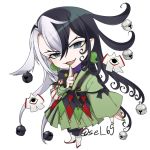  1boy ashiya_douman_(fate) asymmetrical_clothes asymmetrical_hair bell black_eyes black_hair chibi curly_hair earrings fate/grand_order fate_(series) fingernails full_body green_kimono green_nails hair_bell hair_between_eyes hair_intakes hair_ornament japanese_clothes jewelry kimono long_hair looking_at_viewer magatama magatama_earrings male_focus multicolored_hair open_clothes open_kimono ribbed_sleeves sel_(kagami6) sharp_fingernails shikigami solo two-tone_hair very_long_hair white_background white_hair 