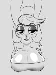  anthro beauty_mark big_breasts breasts cuadraws female hair half-closed_eyes hi_res lagomorph leporid mammal mole_(marking) monochrome narrowed_eyes rabbit simple_background smile smiling_at_viewer solo 