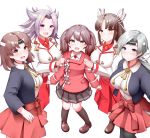  5girls black_hair black_legwear breasts brown_eyes brown_hair chitose_(kantai_collection) chiyoda_(kantai_collection) commentary_request cowboy_shot dress_shirt full_body grey_hair hair_ribbon hakama headband highres hime_cut hiyou_(kantai_collection) holding_hands japanese_clothes jun&#039;you_(kantai_collection) kantai_collection kariginu kirigakure_(kirigakure_tantei_jimusho) large_breasts long_hair looking_at_viewer magatama multiple_girls pantyhose pleated_skirt ponytail purple_eyes purple_hair red_hakama red_skirt ribbon ryuujou_(kantai_collection) shirt short_hair silver_eyes simple_background skirt smile spiked_hair standing twintails visor_cap white_background 