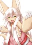  2020 5_fingers anthro blush bottomwear clothed clothing cute_fangs featureless_chest female fingers flat_chested fluffy fur gesture glistening glistening_hair green_eyes hair hi_res horizontal_pupils horokusa0519 kemono lagomorph long_hair looking_at_viewer made_in_abyss mammal multicolored_body multicolored_fur nanachi narehate open_mouth pants portrait pupils simple_background solo tan_body tan_fur three-quarter_portrait tongue topless translucent translucent_hair whiskers white_background white_body white_fur white_hair 