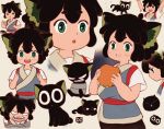  10ji_ro 1boy animal_ears arms_up black_hair blush cat_boy cat_ears cowboy_shot food food_on_face green_eyes hamburger luoxiaohei multiple_views open_mouth short_hair short_sleeves smile the_legend_of_luo_xiaohei 