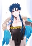  1boy absurdres blue_hair bracelet capelet chiritaros closed_mouth collarbone cu_chulainn_(fate)_(all) cu_chulainn_(fate/grand_order) earrings expressionless fate/grand_order fate_(series) fur-trimmed_capelet fur_trim highres jewelry long_hair male_focus multiple_piercings navel red_eyes simple_background skin_tight solo spiked_hair tank_top type-moon white_background 