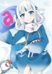  1girl bloop_(gawr_gura) blue_dress blue_eyes blue_hair blush breasts dress gawr_gura grin hair_ornament hairclip hololive hololive_english ichimi looking_at_viewer lying medium_breasts multicolored_hair on_back open_mouth pillow sharp_teeth smile solo teeth virtual_youtuber white_hair 