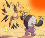  2020 ambiguous_gender black_body duo feral fight flying fur grey_body legendary_pok&eacute;mon lightning_bolt multicolored_body nintendo nude outside pok&eacute;mon pok&eacute;mon_(species) punkskunkart registeel shadow simple_background sky standing two_tone_body video_games yellow_body yellow_fur zapdos 