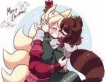  &lt;3 5_fingers animal_humanoid blonde_hair blush brown_body brown_fur brown_hair canid canid_humanoid canine canine_humanoid christmas clothed clothing dipstick_tail duo english_text eyes_closed eyewear female female/female fingers fluffy fluffy_tail fluffysmolcloud fox_humanoid fully_clothed fur glasses green_clothing green_sweater green_topwear hair hi_res holidays hug humanoid humanoid_hands humanoid_on_humanoid inner_ear_fluff kissing leaf light_body light_skin looking_at_another mamizou_futatsuiwa mammal mammal_humanoid mistletoe monotone_hair multi_tail multicolored_body multicolored_fur multicolored_tail plant ran_yakumo red_clothing red_sweater red_topwear ringtail romantic_couple scarf simple_background standing sweater tanuki_humanoid text topwear touhou tuft two_tone_body two_tone_fur two_tone_tail video_games yellow_body yellow_fur 