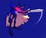  absurd_res blue_background cape clothing geno_(mario) hair hat headgear headwear hi_res humanoid mario_bros mask melee_weapon nintendo not_furry orange_hair puppet red_eyes scarf simple_background super_mario_rpg_legend_of_the_seven_stars sword typicallyamused video_games weapon 