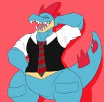  2020 44vex anthro blue_body eyes_closed featureless_crotch feraligatr hand_behind_head hand_on_hip hi_res male necktie nintendo open_mouth pattern_necktie pok&eacute;mon pok&eacute;mon_(species) pok&eacute;morph portrait red_background sharp_teeth simple_background solo striped_necktie suit_and_tie teeth three-quarter_portrait video_games 