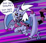  1girl boots bra_strap claws commission dress forehead gym_leader hair_bobbles hair_ornament highres jellot metroid nintendo pokemon pokemon_(game) pokemon_bw2 ridley roxie_(pokemon) sharp_teeth speech_bubble striped tail teeth topknot white_hair wings 