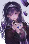  1girl bow bug butterfly chess_piece earrings gem highres insect jewelry king_(chess) long_hair long_sleeves looking_at_viewer medea_solon micha necklace purple_butterfly purple_eyes purple_hair smile solo tiara upper_body white_background your_throne 