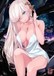  1girl anastasia_(fate) bangs bare_shoulders blue_eyes blush breasts cleavage collarbone dress fate/grand_order fate_(series) hair_over_one_eye hairband highres jewelry large_breasts long_hair looking_at_viewer necklace nekomimipunks open_mouth silver_hair sitting solo thighs very_long_hair white_dress 