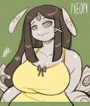  3_eyes anthro arthropod big_breasts bow_tie breasts chalo clothing dress elemental_creature female hair insect long_hair mantis multi_eye non-mammal_breasts smile solo 