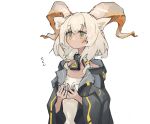  1girl animal_ears arknights baggy_clothes beeswax_(arknights) black_jacket collar dot_mouth eyebrows_visible_through_hair goat_ears goat_horns hands_up horns infection_monitor_(arknights) jacket medium_hair mikojin open_clothes open_jacket shirt simple_background sketch solo upper_body white_background white_hair white_shirt yellow_eyes 