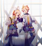  1boy 1girl adapted_costume arm_rest badge belt black_legwear black_shorts blonde_hair blue_eyes bow commentary crop_top feet_out_of_frame hair_bow hair_ornament hairclip headphones headset holding holding_microphone kagamine_len kagamine_rin kurotero leaning_back leg_up leg_warmers looking_at_viewer looking_back microphone necktie open_mouth shirt shorts signature smile spiked_hair vocaloid white_bow white_shirt yellow_collar yellow_neckwear 