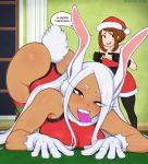  2girls afrobull all_fours animal_ears ass blush_stickers boku_no_hero_academia breast_press breasts brown_eyes brown_hair bunny_ears bunny_tail christmas condom condom_in_mouth dark_skin dark_skinned_female gloves half-closed_eyes hat highres large_breasts leotard light_blush long_hair looking_at_viewer merry_christmas mirko mouth_hold multiple_girls naughty_face pantyhose rabbit_girl red_eyes red_headwear red_leotard santa_costume santa_hat short_hair smile tail thighs top-down_bottom-up uraraka_ochako white_gloves white_hair 