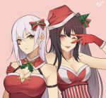  2girls ;p architect_(girls_frontline) ark_john_up barcode_tattoo black_hair bow breasts christmas christmas_tree_hair_ornament cleavage earrings eyebrows_visible_through_hair gager_(girls_frontline) girls_frontline gloves green_eyes hair_ornament hand_on_another&#039;s_shoulder hat jewelry long_hair multiple_girls one_eye_closed one_side_up open_mouth purple_eyes santa_costume santa_gloves santa_hat star_(symbol) star_earrings striped striped_bow tattoo tongue tongue_out upper_body v_over_eye white_hair 