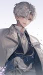  1boy :d bangs bishounen brooch earrings gloves grey_hair grey_neckwear helio_niccolo highres jewelry looking_at_viewer male_focus micha open_mouth purple_eyes short_hair simple_background smile upper_body white_background white_gloves your_throne 