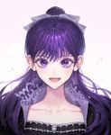  1girl :d black_dress bow dress hair_bow long_hair looking_at_viewer medea_solon micha open_mouth purple_eyes purple_hair simple_background smile solo upper_body white_background white_bow your_throne 