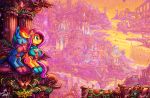  blue_eyes city cloud cloudsdale cup duo equid equine fluttershy_(mlp) friendship_is_magic hasbro jowybean mammal my_little_pony pegasus rainbow_dash_(mlp) sitting sunset wings 