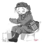  1girl :d =_= animal_ear_fluff animal_ears ankle_boots blush bonfire boots canteen closed_eyes coat cold cross-laced_footwear ebifly fangs fur_hat greyscale hat long_sleeves military military_uniform mittens monochrome open_mouth original pants pants_tucked_in pouch signature simple_background sitting smile solo stool tail uniform ushanka white_background 