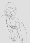  animal_humanoid breasts eye_scar facial_scar female fish fish_humanoid fours_(artist) hair humanoid leaning leaning_forward marine marine_humanoid monochrome nude open_mouth ponytail scar sketch small_breasts smile solo undertale undyne video_games 
