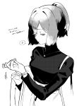  1girl alternate_costume deco_(geigeki_honey) eighth_note greyscale highres ise_(kantai_collection) kantai_collection monochrome musical_note ponytail short_hair solo spoken_musical_note strap sweater translation_request upper_body watch 