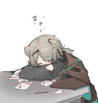  1girl absinthe_(arknights) animal_ears arknights bear_ears black_shirt blush brown_jacket closed_eyes earpiece eyebrows_visible_through_hair hair_ornament hairclip jacket light_brown_hair mikojin shirt short_hair sketch sleeping solo table tied_hair upper_body zzz 