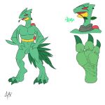  1:1 2020 3_toes 44vex animal_genitalia anthro balls flat_colors foot_focus genital_slit genitals green_body hands_on_hips headshot_portrait hi_res male model_sheet nintendo nude pok&eacute;mon pok&eacute;mon_(species) portrait pupils red_sclera sceptile simple_background slit slit_pupils soles solo standing toes vex_(44vex) video_games white_background wrinkled_feet 