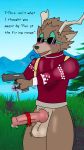  absurd_res anthro antlers balls blush bodily_fluids brown_body brown_fur capreoline cervid clothing dolph_(fortnite) egg_vibrator english_text epic_games eyewear fortnite fur genital_fluids genitals gun hi_res holding_gun holding_object holding_weapon horn knot male mammal maxw14 nervous_smile nervous_sweat penile penis precum ranged_weapon reindeer sex_toy shaking solo sunglasses sweater text thick_thighs topwear vibrator vibrator_on_penis video_games weapon 