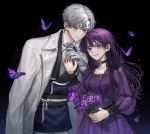  1boy 1girl black_background black_choker breasts brooch bug butterfly choker dress earrings flower formal gloves gradient gradient_background grey_hair helio_niccolo hetero holding holding_flower insect jewelry leaning_forward long_hair long_sleeves looking_at_viewer medea_solon medium_breasts micha purple_butterfly purple_dress purple_eyes purple_hair smile standing white_gloves your_throne 