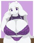  2020 4:5 5_fingers absurd_res anthro big_breasts blush boss_monster bovid bow_panties bra breasts caprine cleavage clothed clothing fangs female fingers hi_res horn huge_breasts lingerie long_ears mammal nervous panties purple_eyes shy solo sugaru thick_thighs toriel undertale underwear video_games 