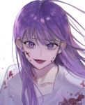  1girl blood blood_on_face bloody_clothes long_hair looking_at_viewer medea_solon micha purple_hair simple_background smile solo upper_body white_background your_throne 