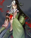  1boy ashiya_douman_(fate) asymmetrical_clothes asymmetrical_hair black_eyes black_hair curly_hair earrings fate/grand_order fate_(series) fingernails green_eyeshadow green_kimono green_lipstick green_nails hair_between_eyes hair_intakes holding japanese_clothes jewelry kimono light_smile lipstick long_hair looking_at_viewer magatama magatama_earrings makeup male_focus multicolored_hair open_clothes open_kimono ribbed_sleeves sharp_fingernails shikigami snnoa_ha solo toned toned_male two-tone_hair upper_body very_long_hair white_hair 