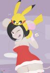  2020 anthro black_hair breasts christmas christmas_clothing clothed clothing cookie dashboom female food fur genitals grey_body grey_fur hair hi_res holidays mammal michelle_(dashboom) mouse murid murine nintendo pikachu pok&eacute;mon pok&eacute;mon_(species) pussy rodent simple_background video_games yellow_body yellow_fur 