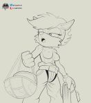  anthro armor bodily_fluids bottomwear breasts breath clothed clothing erma_ermine female fours_(artist) headgear helmet hi_res low-angle_view mammal military_gear mustela mustelid musteline panting pants solo sonic_the_hedgehog_(series) stoat sweat topless worm&#039;s-eye_view 
