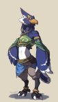  anthro avian bird blue_body blue_feathers blush breath_of_the_wild clothed clothing crossdressing embarrassed feathers green_eyes hi_res ian_rizardon male nintendo revali rito solo the_legend_of_zelda video_games 