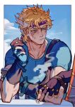  battle_tendency blonde_hair blue_gloves blue_shirt brown_gloves caesar_anthonio_zeppeli cigarette closed_mouth cloud day elbow_rest facial_mark feathers fingerless_gloves gloves green_eyes hair_feathers hand_on_own_arm headband highres holding holding_cigarette jojo_no_kimyou_na_bouken joseph_joestar_(young) looking_at_another male_focus out_of_frame scratches shirt short_hair short_sleeves smoke solo_focus upper_body xianlan 