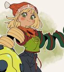  1girl arms_(game) bangs beanie black_shorts blonde_hair blush cowboy_shot dayo34 drawstring green_eyes hat highres medium_hair min_min_(arms) outline shorts smile solo white_outline 