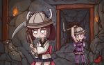  2girls arms_up blue_skirt brown_hair commentary criss-cross_halter dress hair_ornament halterneck helmet highres japanese_clothes kedama1635 kimono mineshaft mining miniskirt multiple_girls obi pickaxe pith_helmet pleated_skirt purple_dress purple_hair purple_legwear rock sash short_hair short_hair_with_long_locks sidelocks skirt smile solid_circle_eyes sweat thighhighs torch torn_clothes touhoku_kiritan voiceroid white_eyes white_kimono yuzuki_yukari 