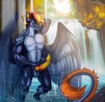  anthro balls big_penis detailed_background dragon drakorax erection eyes_closed genitals hi_res horn kalimah knot male neverneverland nude outside penile_spines penis shower smile solo teeth tongue tongue_out water waterfall wet wings 